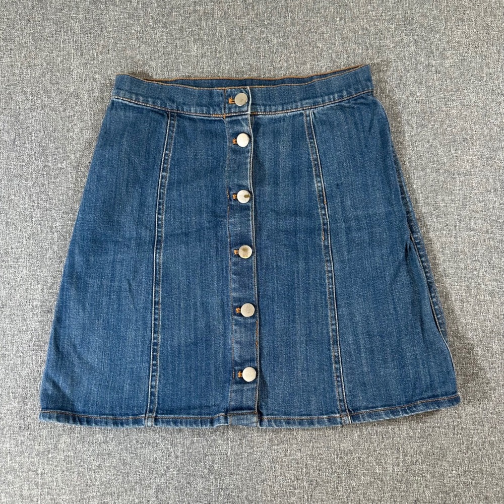 H&M Denim Mini Skirt Button‎ Front Blue A-Line High Waisted Jean Skirt Womens 6